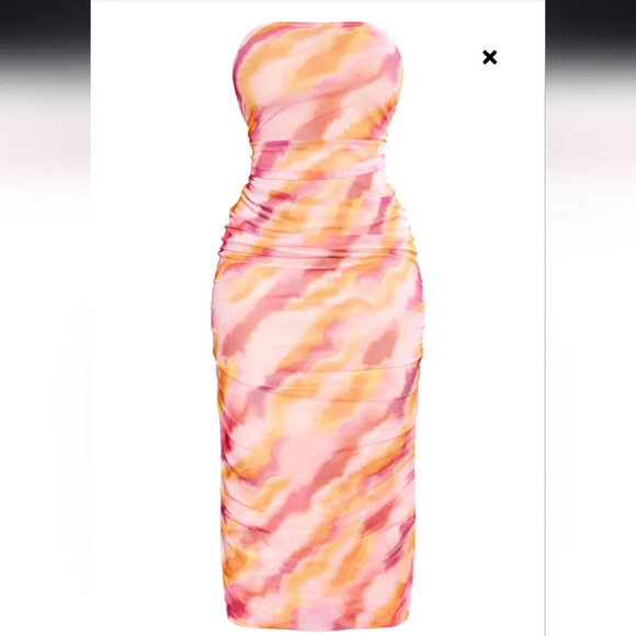 PrettyLittleThing printed mesh  bandeau maxi dress - Picture 1 of 6